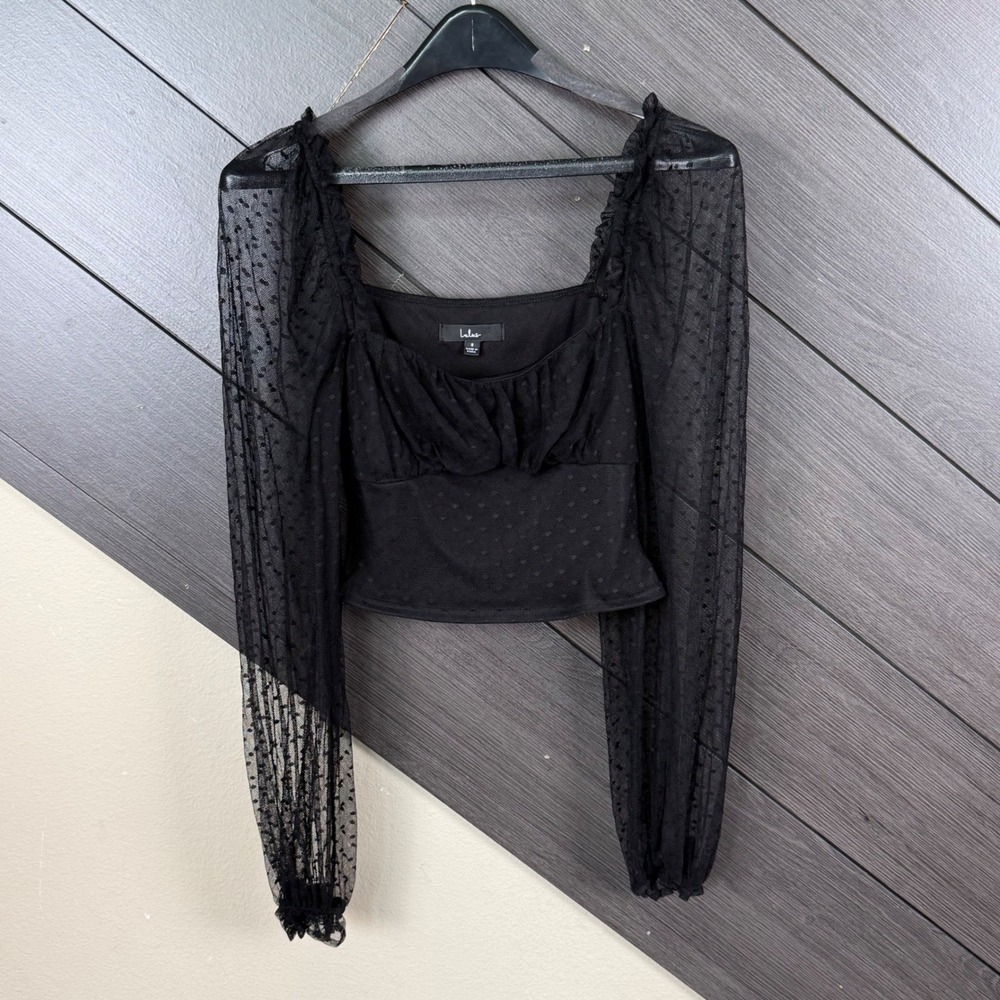 Lulus Women's Small Black Sheer Swiss Dot Long Sleeve Corset Crop Top Coquette